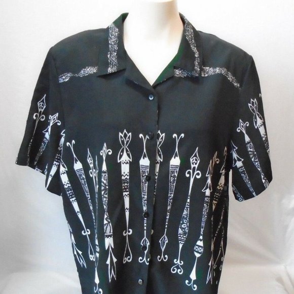 Alia Tops - Alia Womens Black  Tribal Pattern Blouse Size 16